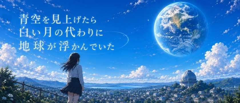 青空に地球が浮かぶ、AIで書いた小説のキービジュアル